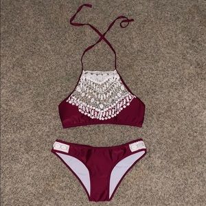 Burgundy & White Lace High Neck Bikini.
